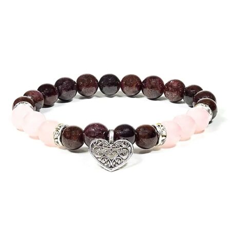 Rosenquarz-Granat Armband mit Herz