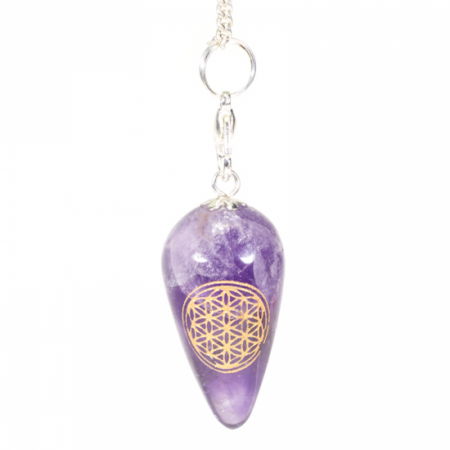 Amethyst Tropfenpendel mit Blume des Lebens