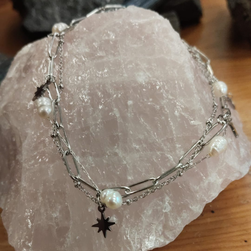 Perle und Polarstern – Edelstahl-Fußkettchen